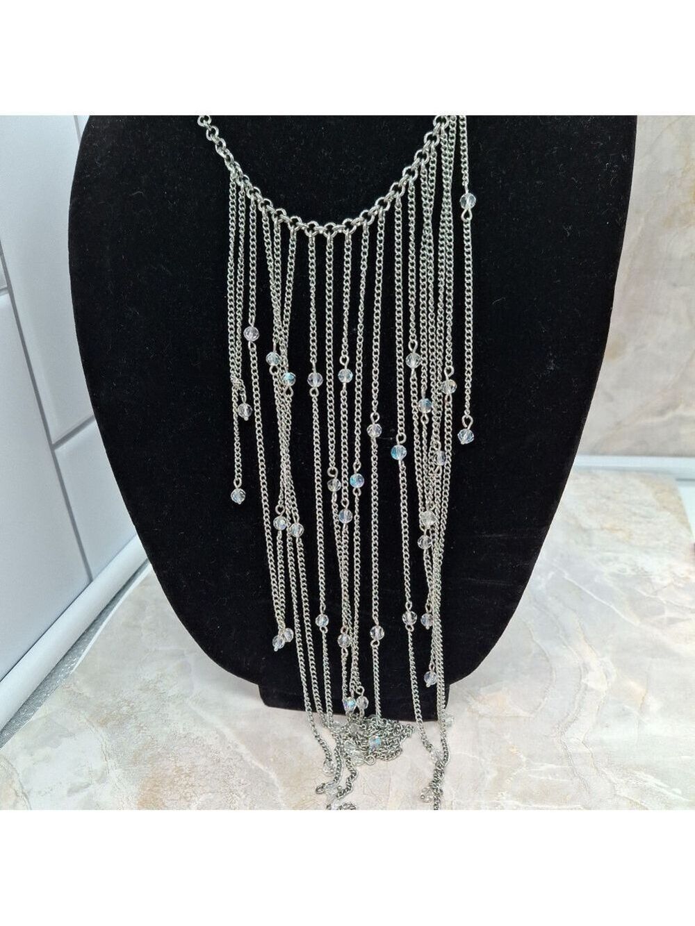 Ann Taylor Silver And Crystal Long Bib Statement Necklace
